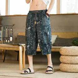 Summer Loose Casual Harajuku Y2K Printing Cotton Linen Harem Shorts Male Elastic Waist Streetwear Fashion All-match 5XL Pants