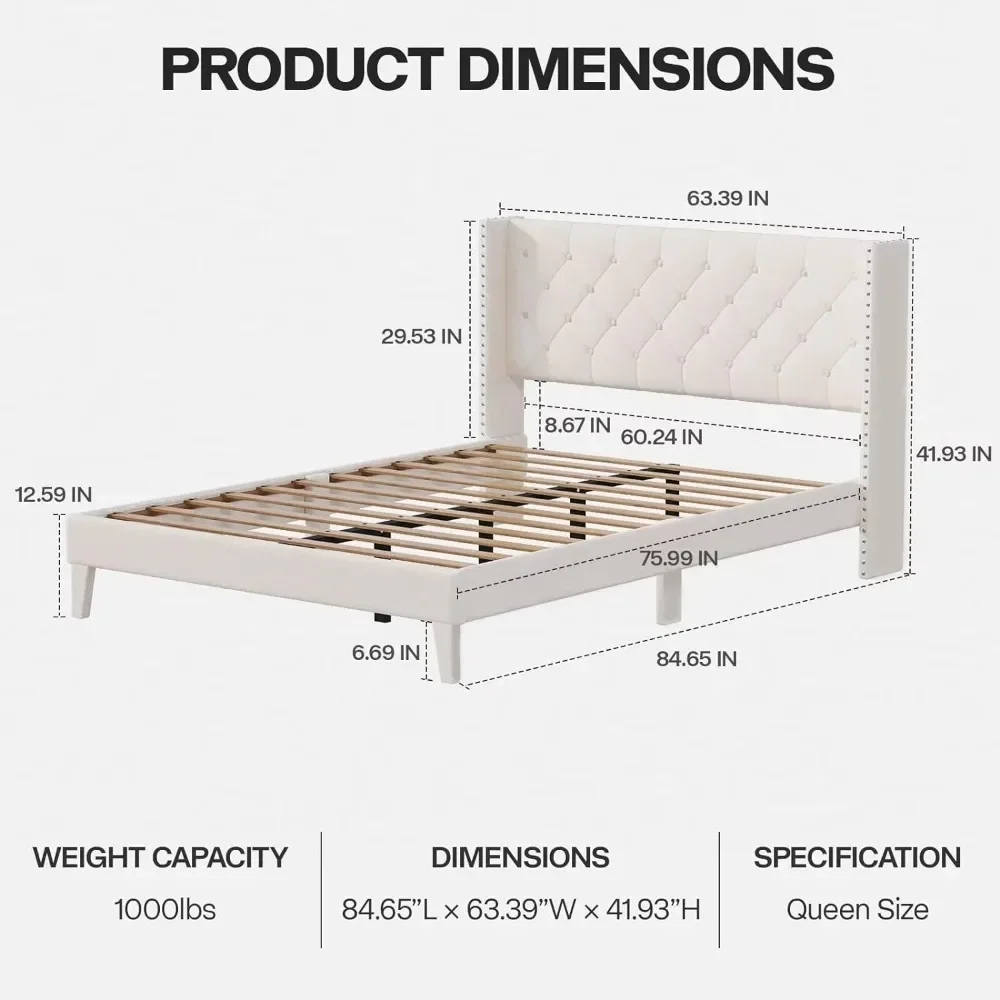 Bed Frame with LED Lights, Upholstered Bed Frame with Wingback Diamond Tufted Headboard, Wood Slats Support