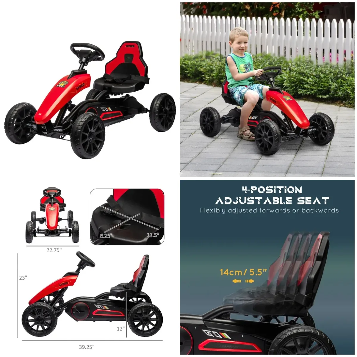 Rood pedaal-go-kart voor kinderen met duurzame zwenkaas en schokabsorberwielen