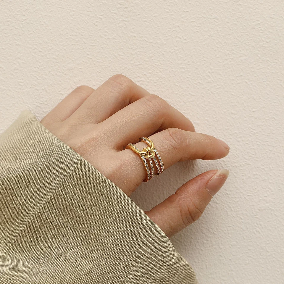 ZAKOL Fashion Double Layers Zircon Rings for Women Gold Color Plated Open Stainless Steel Ring Estetyczna biżuteria ślubna na imprezę — zdjęcie 5