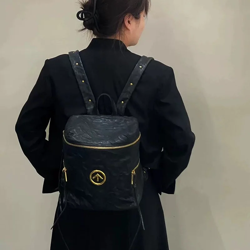 

GROTTO винтажный плиссированный рюкзак из воловьей кожи с черными камнями и волнистой стрелкой, повседневная сумка большой вместимости