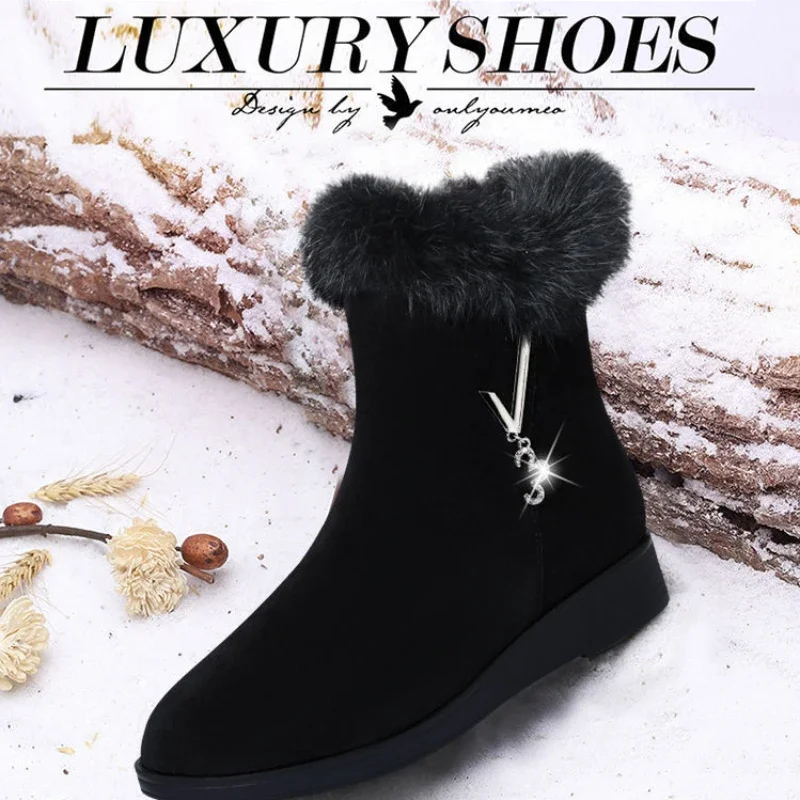 Plush Womens Boots Comfortable Hick-soled Fur Shoes Fashion Ladies Shoes Zipper Women Vulcanized Shoes Anti-slip Chaussure Femme