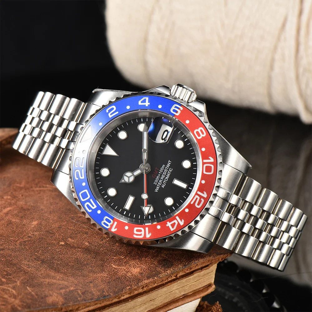 New Brand 40mm Automatic Dandong GMT Movement Watches Waterproof BW9 Luminous Sapphire Glass Watch for Men Two way 24 Click
