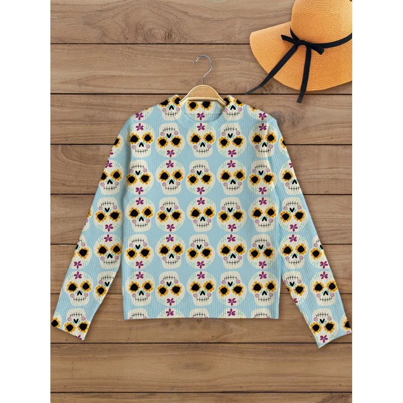 

Осенне-зимний женский вязаный пуловер с объемным принтом и 3D рисунком черепа ужасов на Хэллоуин, свободный круглый вырез с длинным рукавом