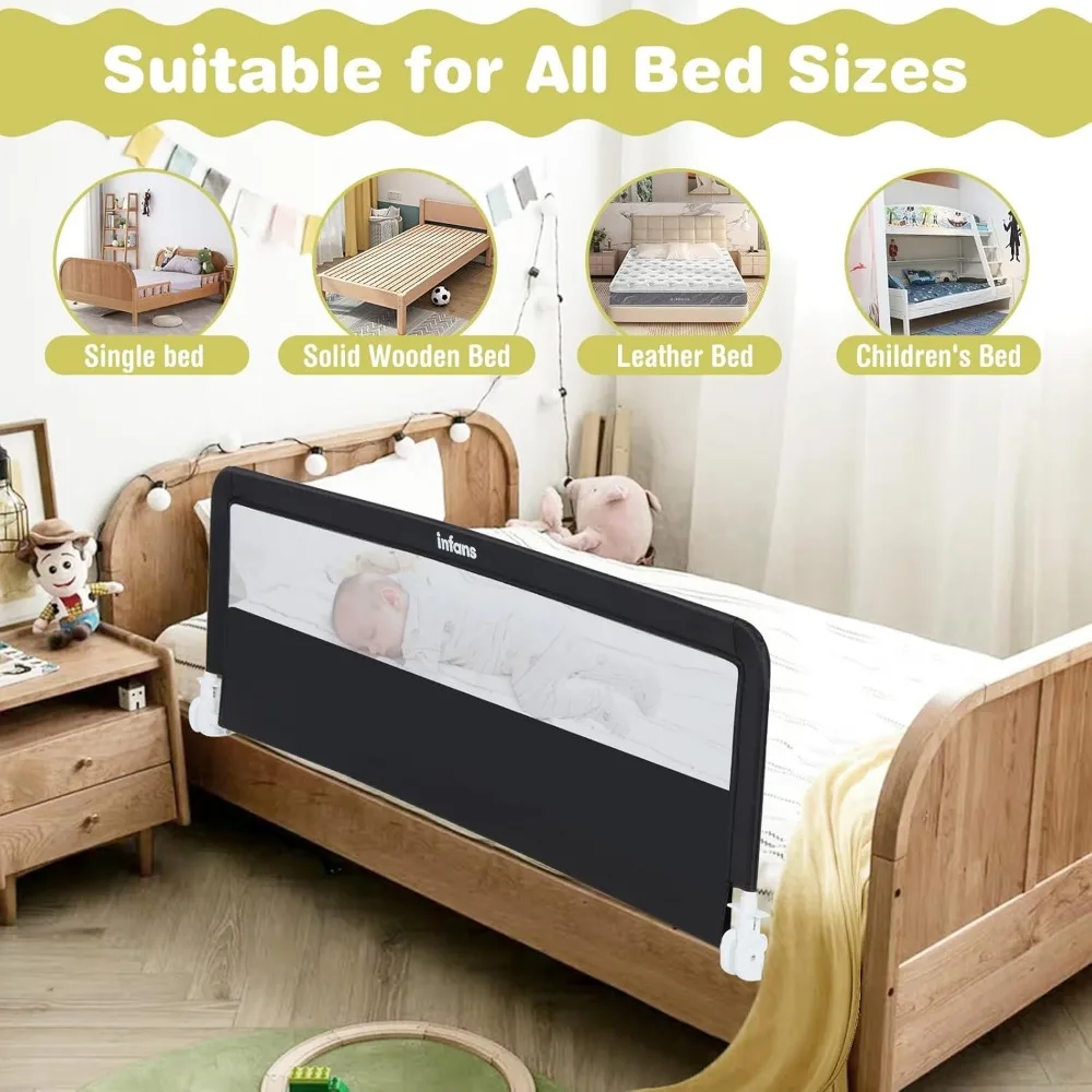 حاجز سرير آمن قابل للطي للأطفال الصغار، يناسب مرتبة Twin to King، حاجز حماية طويل جدًا باللون الأسود
