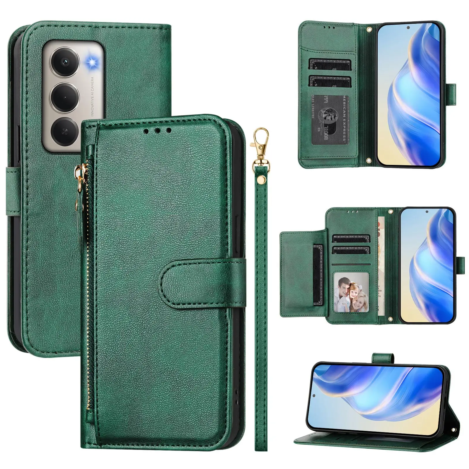 

For Xiaomi Redmi 15 5G (Global) (169mm) Case Zipper Pocket Multiple Card Slots Leather Phone Cover - Green