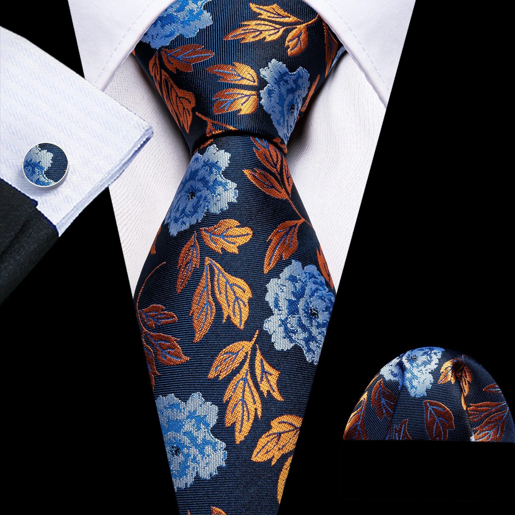 Barry.Wang Jacquard Dark Blue Floral Men's Tie With Pocket Square Cufflinks Set Exquisiet Necktie For Male Wedding Business