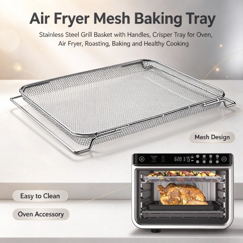 1PC Chrome Plated Iron Air Fryer Roasting Rack Square Mesh Fry Basket Household Air Fryer Accessory Good Hot Air Circulation