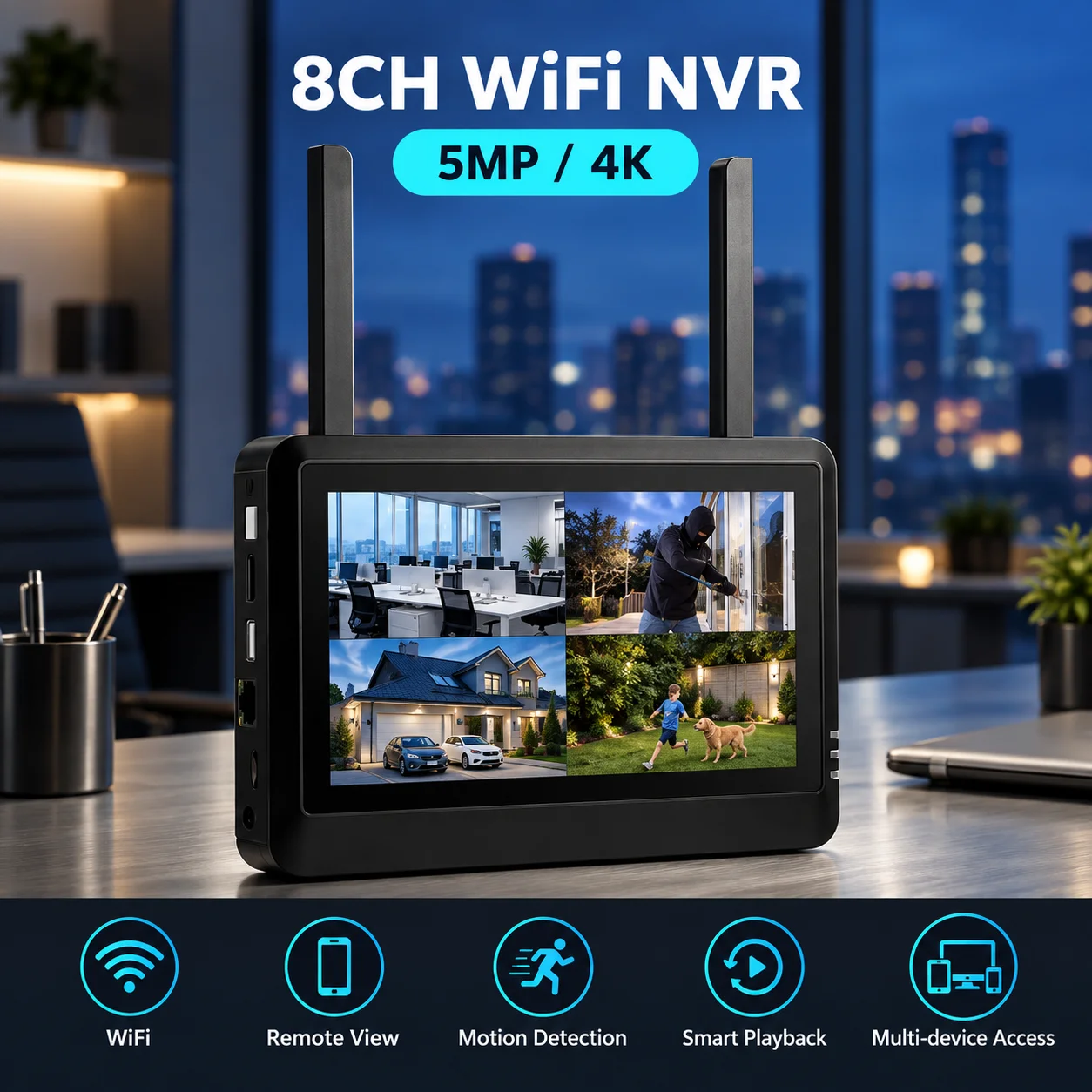 7 Inch 8CH WiFi Monitor NVR Wireless Security H.265 CCTV Network Video Recorder Supports ICSEE XMEYE 4K 4CH 8CH 5MP IP Cameras