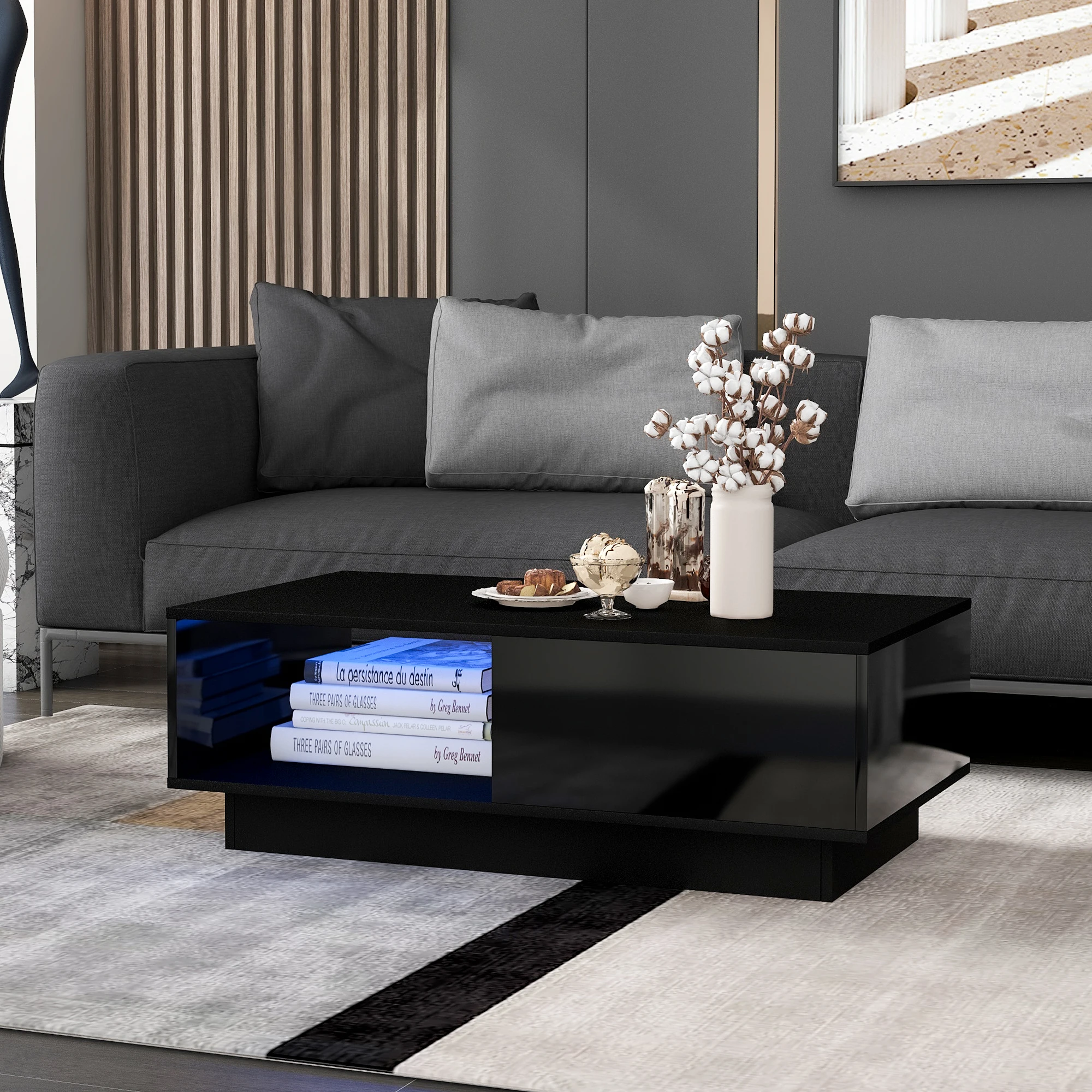 High Gloss Sofa table Modern coffee table table Rectangular White living room table LED Light 15 Colors 95x55x32 cm