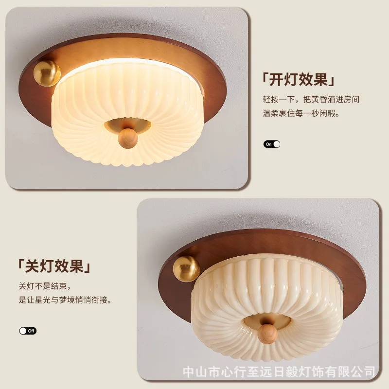 French Mid Century Cream Walnut Wood Nanyang Vintage Eye Care LED Ceiling Light Bedroom Study Home