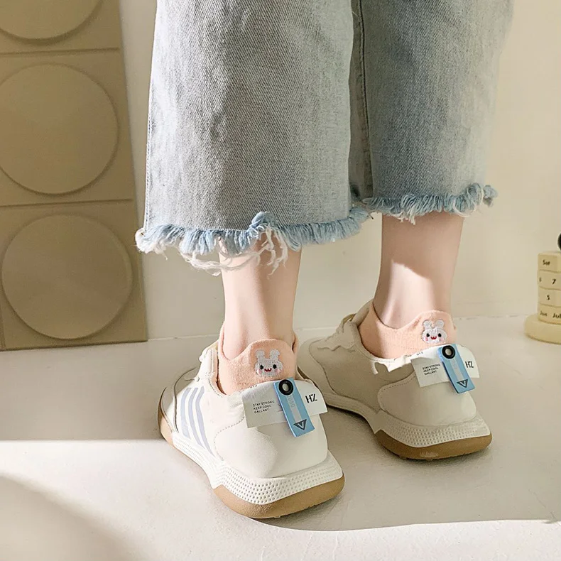 5-Paar süße Stickerei Tier Frauen Socken Frühling Sommer kurze flache Mund Mode Regenbogen weibliche niedrige Würfel Socken Set – Detail 7