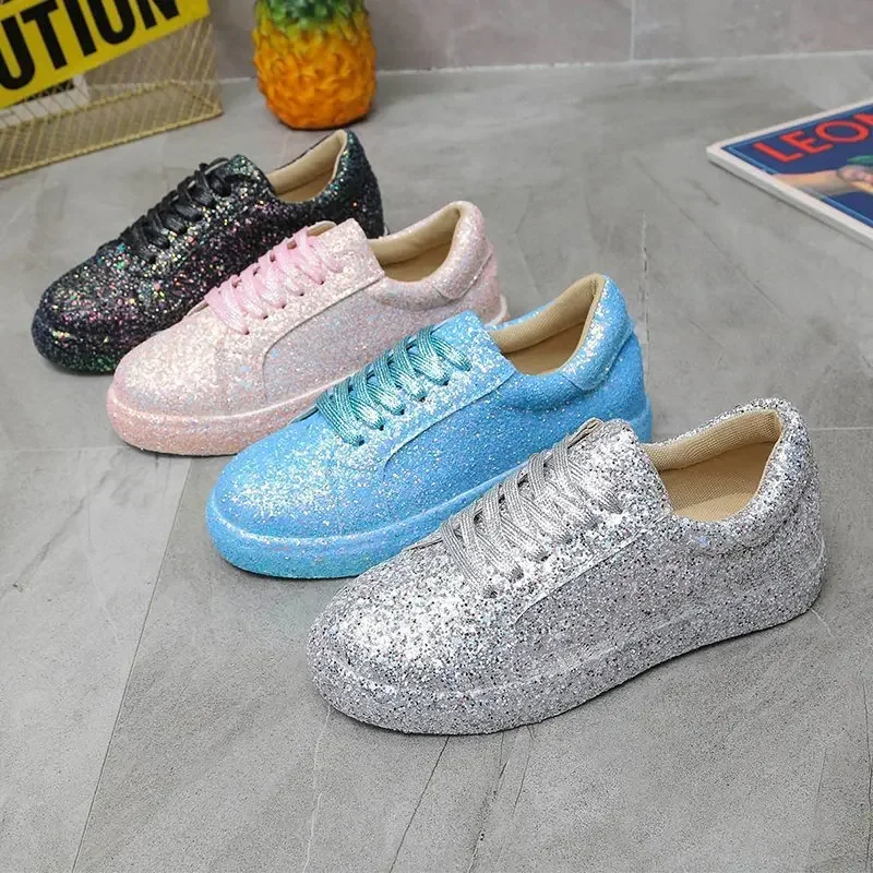 

Women Sport Sneakers Glitter Spring Autumn Flat Vulcanized Shoes Bling Casual Female Fashion Platform Sneakers Plus Size 35-43