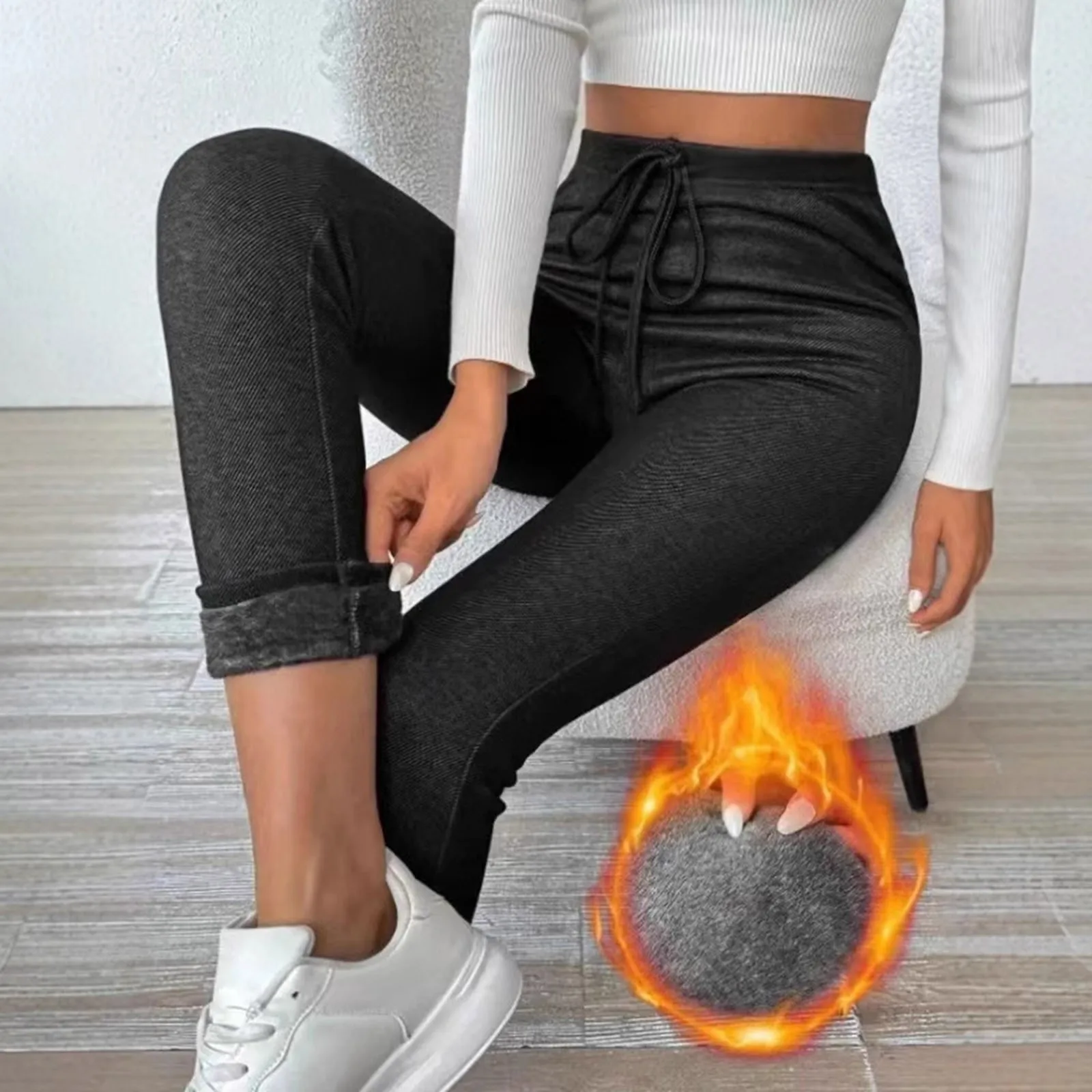 Women Velvet Leggings Fashion Solid Color Casual Trousers Bottom Sweatpants Belt High Waist Slim Fits Sport Pants