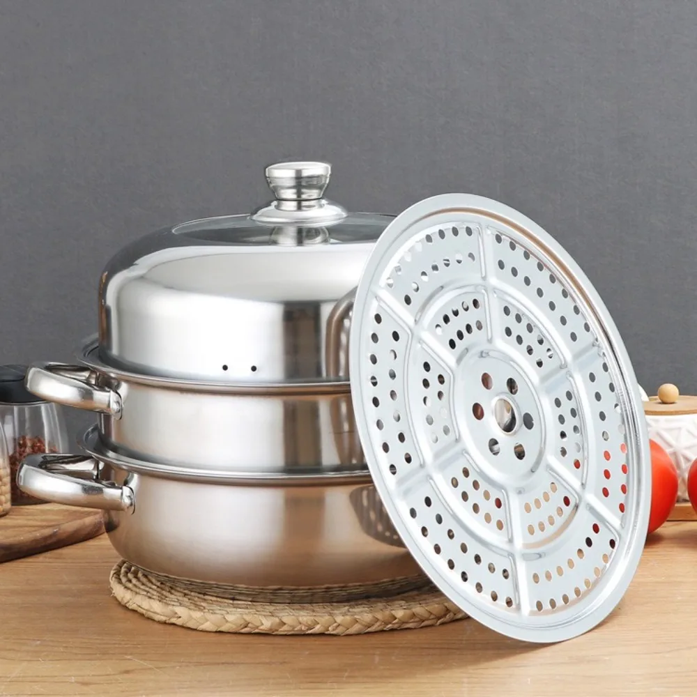 Multipurpose Stainless Steel Steamer 28cm with Lid 2 Layers Hot Pot Steamer Cookware Steamed Fish Bun Pot Induction Cooker Gas