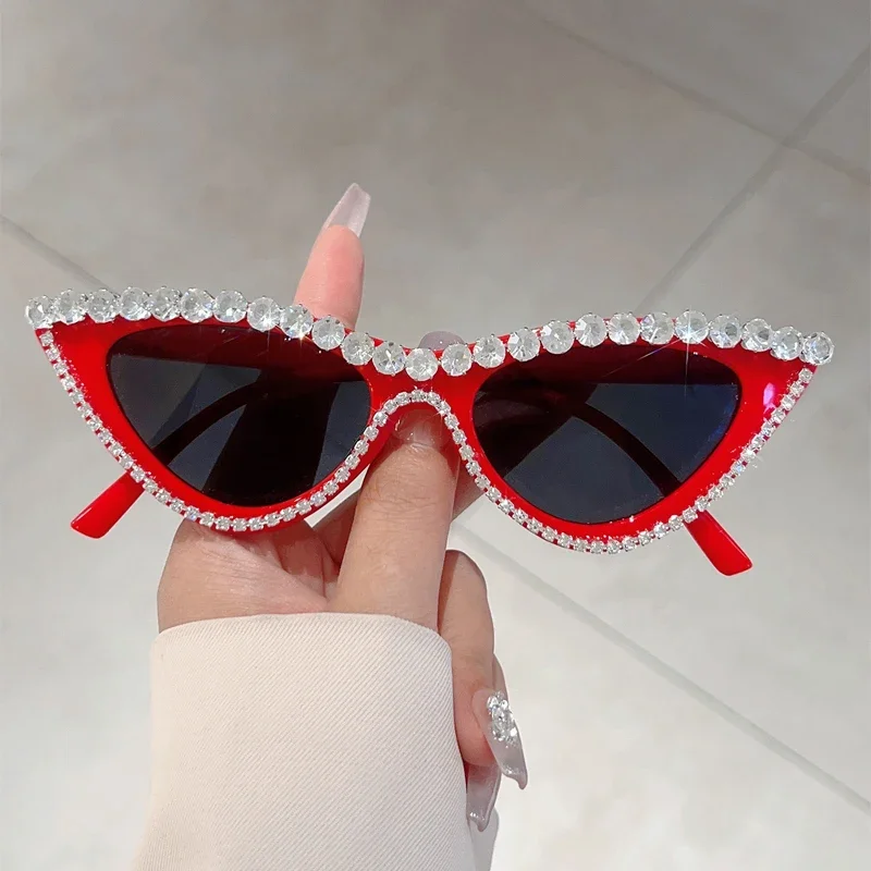 KAMMPT Vintage Cat Eye Sunglasses with Rhinestones Women Fashion Decorative Sun Glasses Original Trendy Stylish Casual Shades