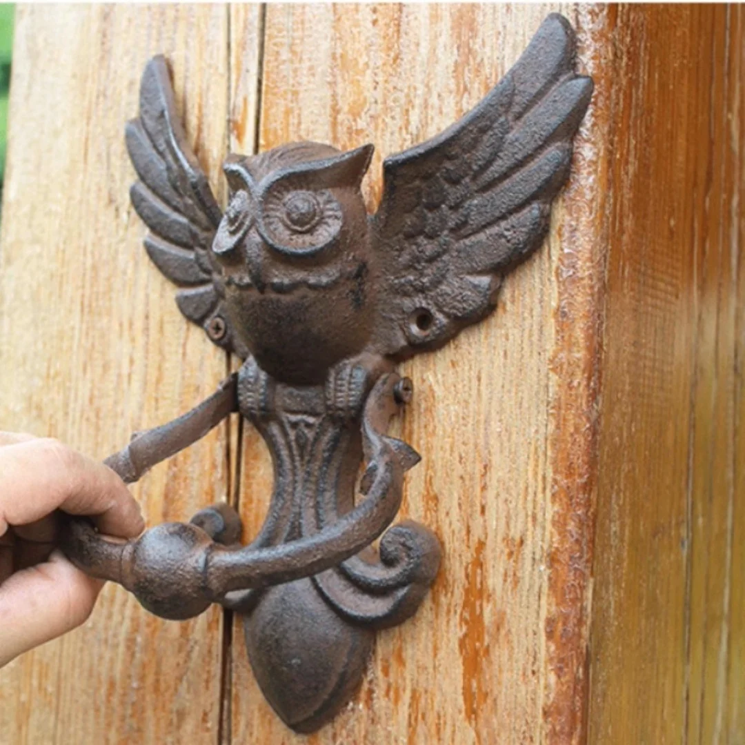 Retro Distressed Cast Iron Rusty-Colored Owl-Style Villa Garden Solid Wooden Big Gate Door Knocker Door Drop Ring Pull Handle