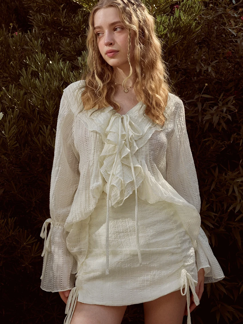 Marthaqiqi Fashion Ladies Nightwear Suit Lace Up Pajama Long Sleeve Sleepwear Sexy V-Neck Nightgowns Skirts Elegant Nightie Set