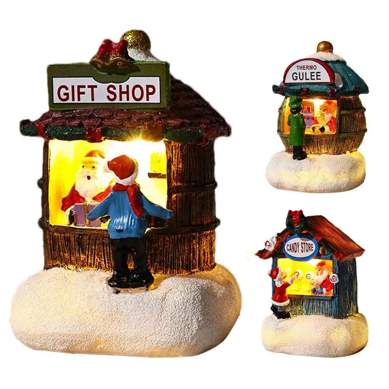 New Year Christmas House Statue Santa Shop Desk Building Centerpiece Resin Home Bookshelf Village House Miniature With LED Light