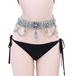 Black Blue Acrylic Beads Flower Coins Long Tassel Waist Belly Chains Vintage Boho Indian Dance Belts Afghan Gypsy Body Jewelry