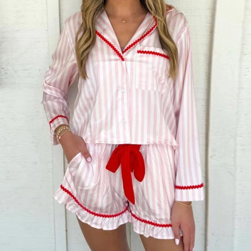 

Women Striped Christmas Pajama Set Satin Silk Bow Tie Long Sleeve Shirt 2 Piece Ruffled Shorts Sets Xmas Lounge Sleepwear