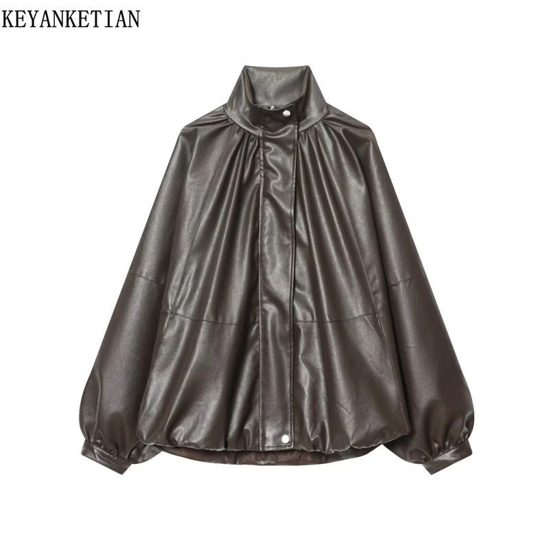 

KEYANKETIAN 2025 Winter New Women's Faux leather Jacket Leisure style Lantern Sleeve Stand collar Zipper Loose Outerwear Coat