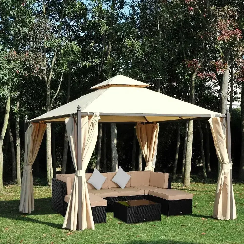 10' x 10' Large Steel Patio Gazebo with Polyester Curtains and Two-Tier Roof