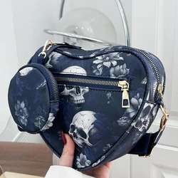 Torba na ramię w kształcie serca dla kobiet Hip Punk wzór czaszki Oxford Crossbody damska modna torebka z okrągła portmonetka