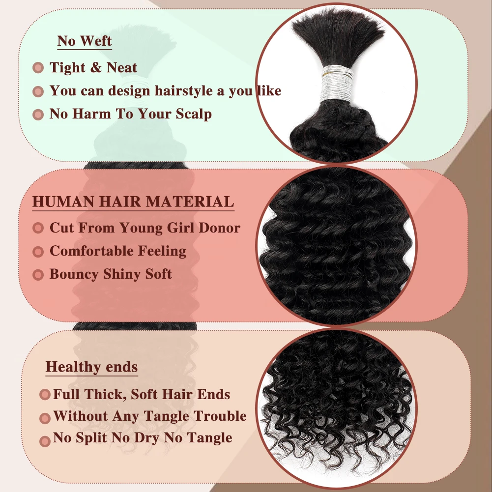 Mechones de ondas profundas, cabello trenzado humano, trenzas bohemias, cabello humano Natural negro a granel para trenzar, extensiones de cabello humano rizado sin trama