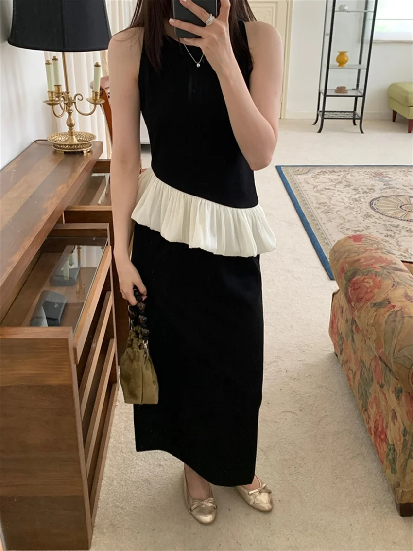 Alien Kitty Ruffles Slim Vintage Blouse Women Bodycon Long Skirts Summer 2024 High Waist OL Elegant Office Lady Work Wear Suits