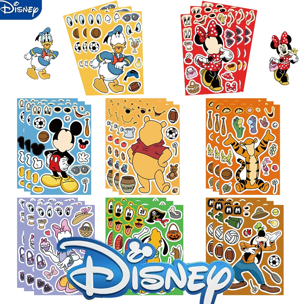 8/16/32Pcs Children DIY Puzzle Sticker Winnie Mickey Character Face Assemble Stickers Kids Toys Boys Girls Gifts Decals