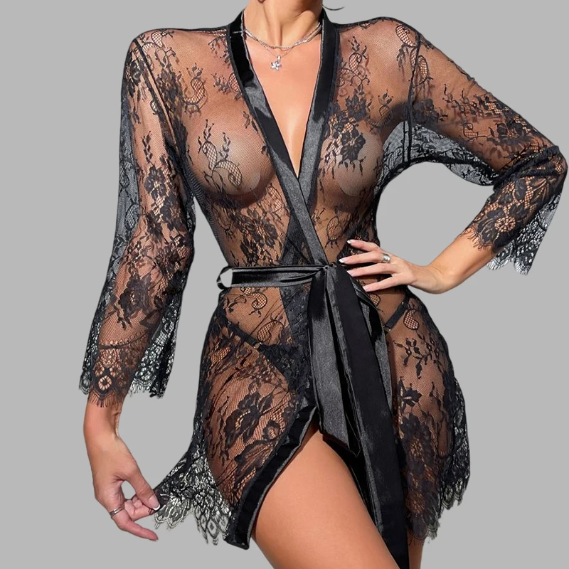 Tornova Sexy Lingerie Sexy Nightgown For Women See-Through Lace Printing Deep V-Neck Home Ultrathin Lace Up Nightgown Set New