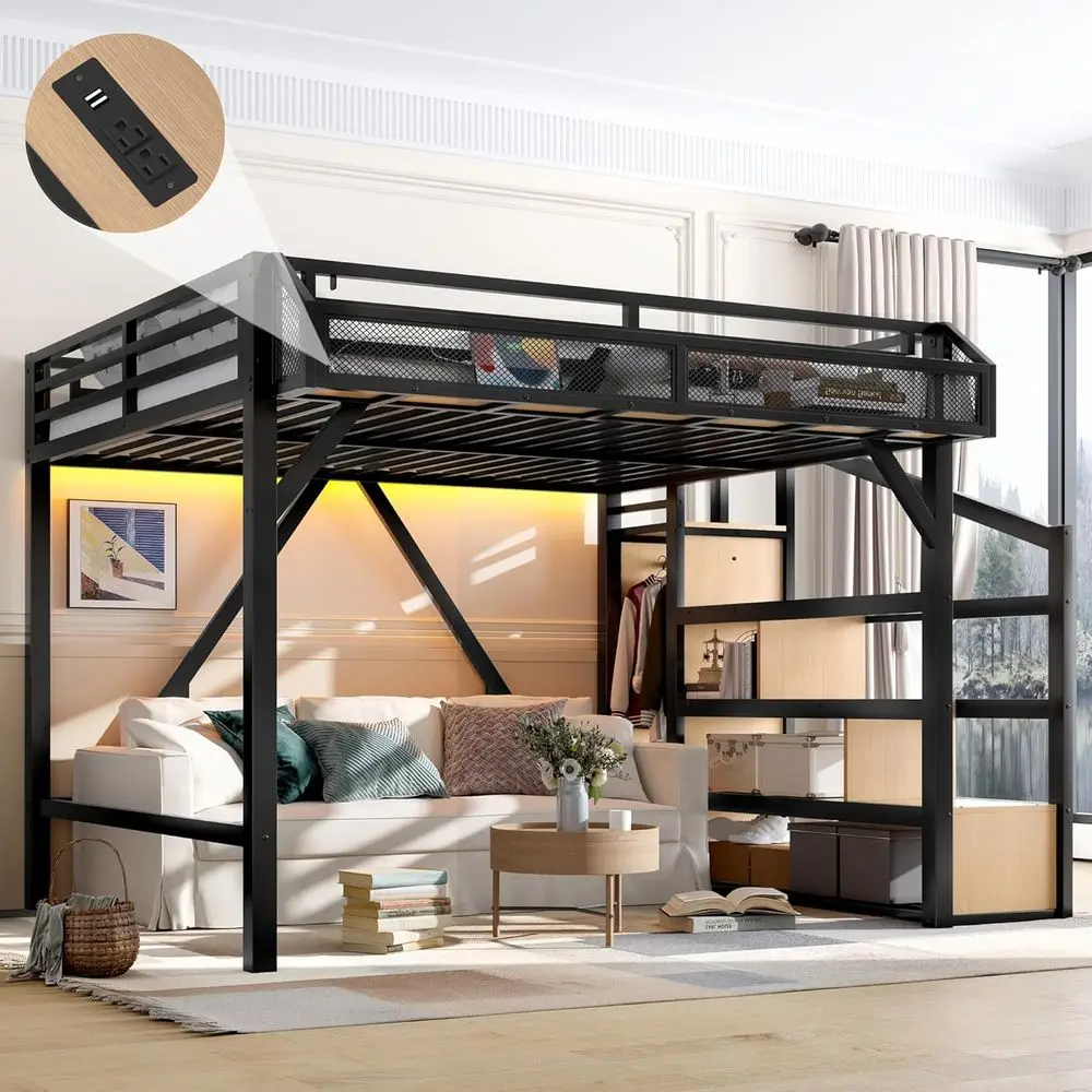 

Storage Bedside Shelves and Wardrobe, LED & USB Metal Bed, Heavy-Duty Sleep Solution for Teens and Adults, Noise-Free & Space-Ef