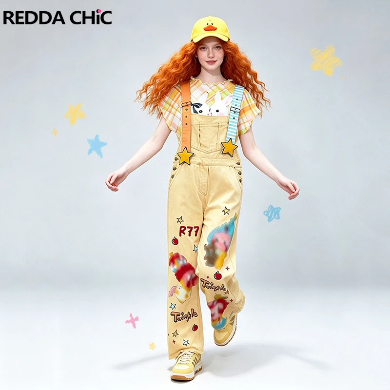 

REDDACHiC Star Y2k Jeans Jumpsuit Kpop New In Adjustable Strap Cartoon Print Straight Baggy Denim Overalls Kawaii Streetwear
