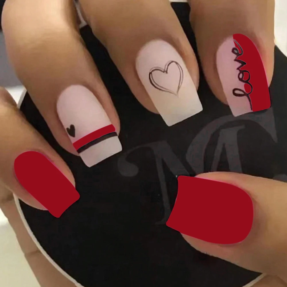 Uñas postizas con forma de corazón rojo, manicura de cobertura completa con diseño de amor, 24 piezas