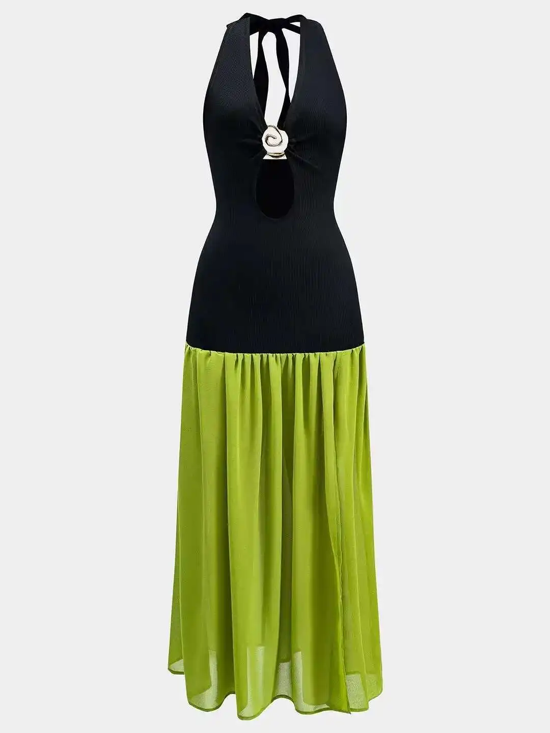 Mousseline de soie métallique froncé Patchwork découpé femmes col en V dos nu BabYoung décontracté colonne robe sans manches été