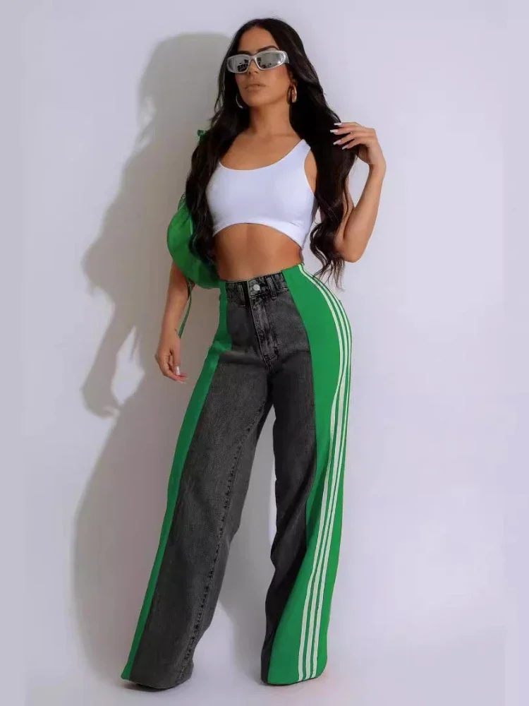 XIZOU Splicing Three Stripe Wide Leg Denim Pants 2024 Summer Fashion Women's New Casual High Waist Elastic Straight Leg Pants