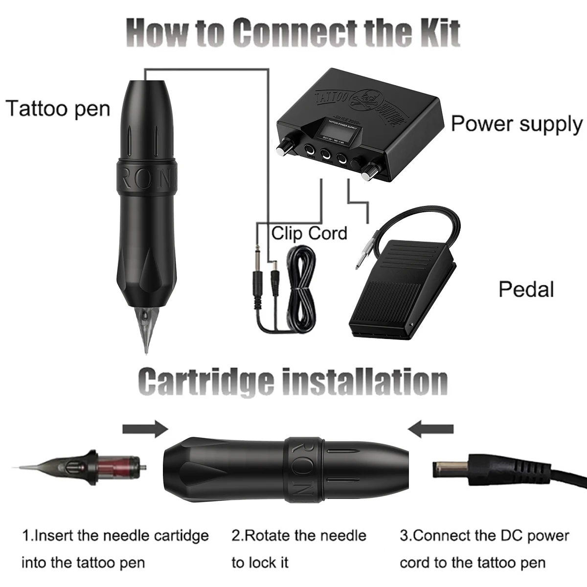 プロのタトゥーマシンセット,回転,タトゥー,ペン,針付き電源