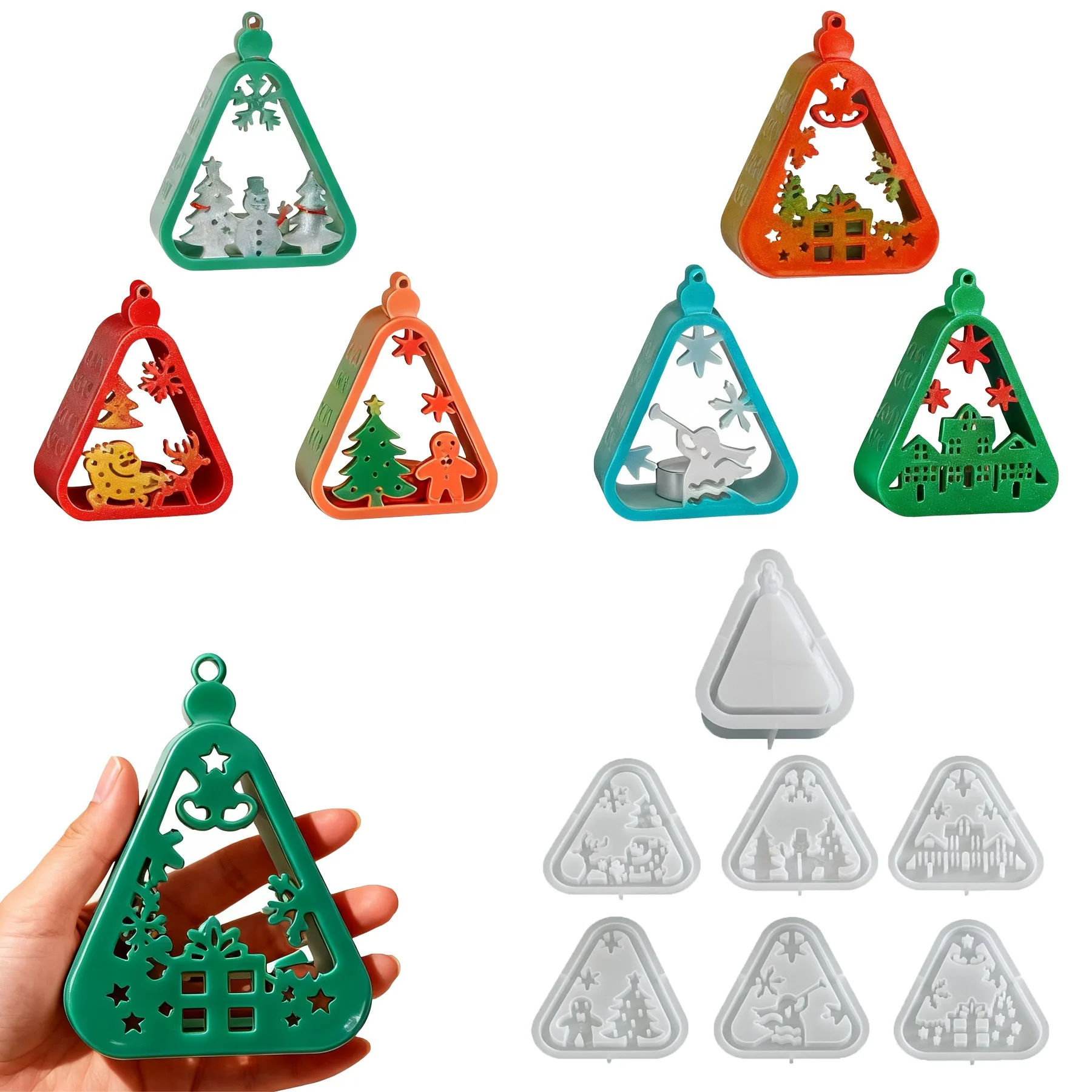 Christmas Triangle Candlestick Silicone Mold Santa Claus Snowman Tree Festival Resin Mould Mini Table Ornaments Home Decoration