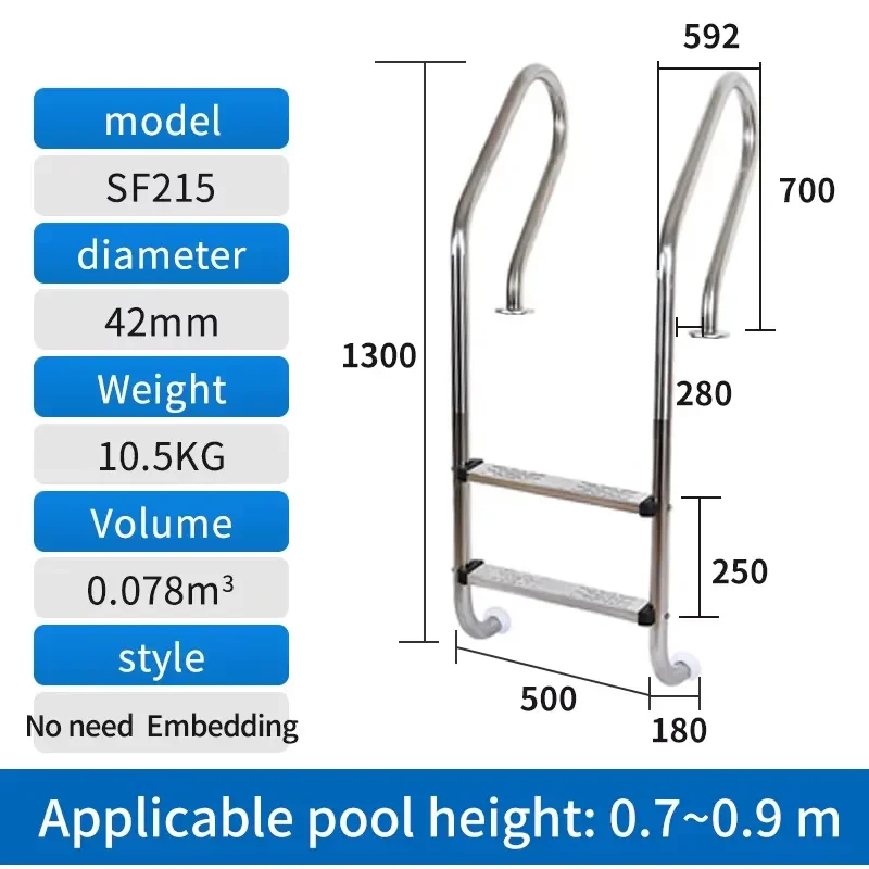 FY 304 Stainless Steel Pool Ladder, Non Slip 2-Step Recessed Swimming Pool Accessory, Custom Size for Home Outdoor