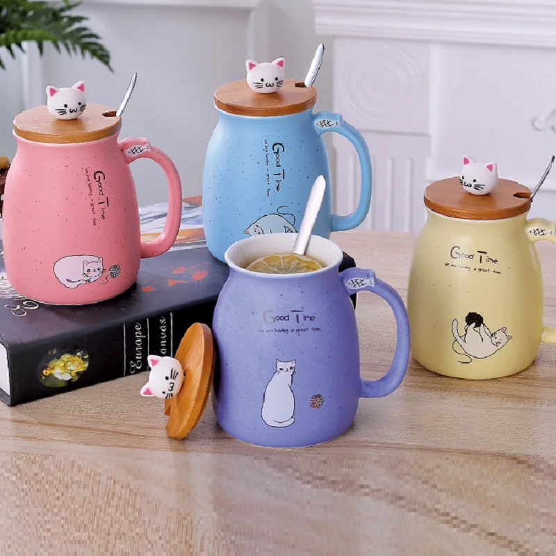 K-STAR Ceramic Cup Cartoon Coffee Milk Breakfast Cup With Wooden Lid And Stainless Steel Spoon Gift Cup Set 450ml New 2024