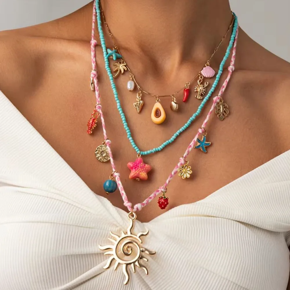 IngeSight.Z 3 Pcs/Set Exquisite Chic Starfish Conch Crayfish Sun Pendant Necklace Women Summer Beach Y2K Jewelry Accessories New