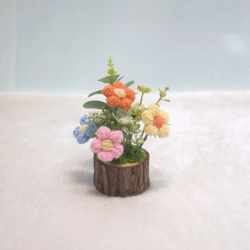 Handmade Crochet Flowers Potted Ornament Car Center Console Decor Cartoon Knitting Flowers Potted DIY Decoration Accessories