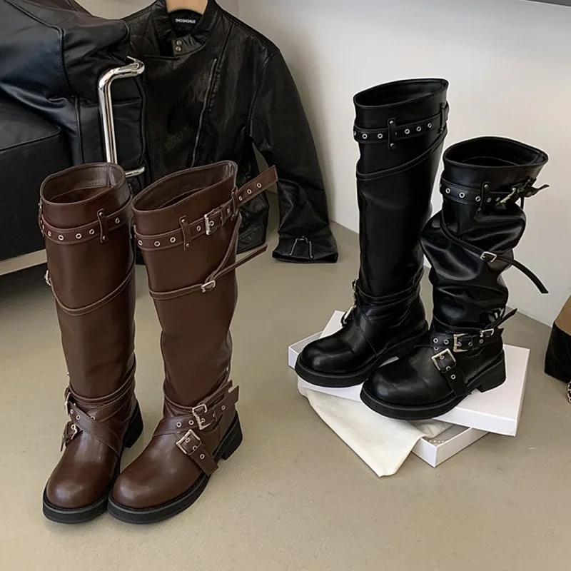 Eilyken Street Design Multi Belt Metal Buckle Knee-High Boots Women Low Heels Shoes Fashion Hot Girl Motorcycle Knight Booties