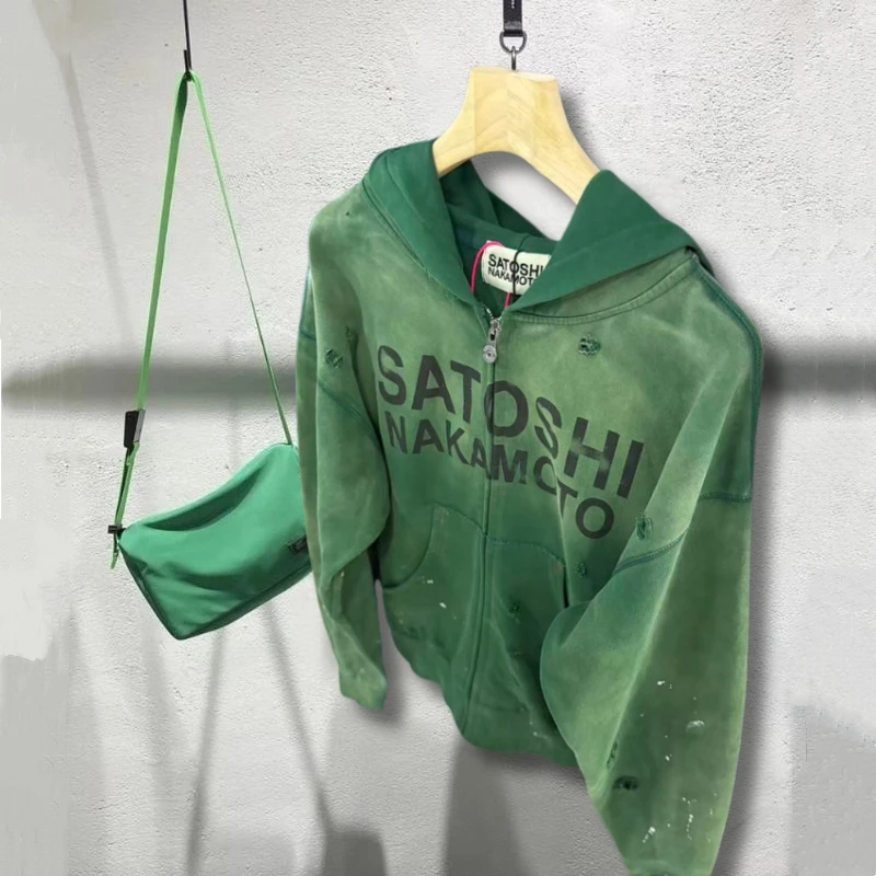 26ss Winter Green Oversize Street Outfit SATOSHI Jacket Washed Retro Distressed Splashed Ink Zipper Hoodie Men Women Loose Hoody