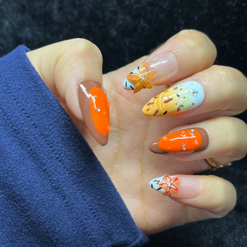 10 قطعة ثلاثية الأبعاد منحوتة زهرة تموجات اليدوية الصحافة على الأظافر البرتقال الفرنسية ليوبارد زيبرا أنماط الأظافر وهمية بيتشي اللوز الأظافر كاذبة