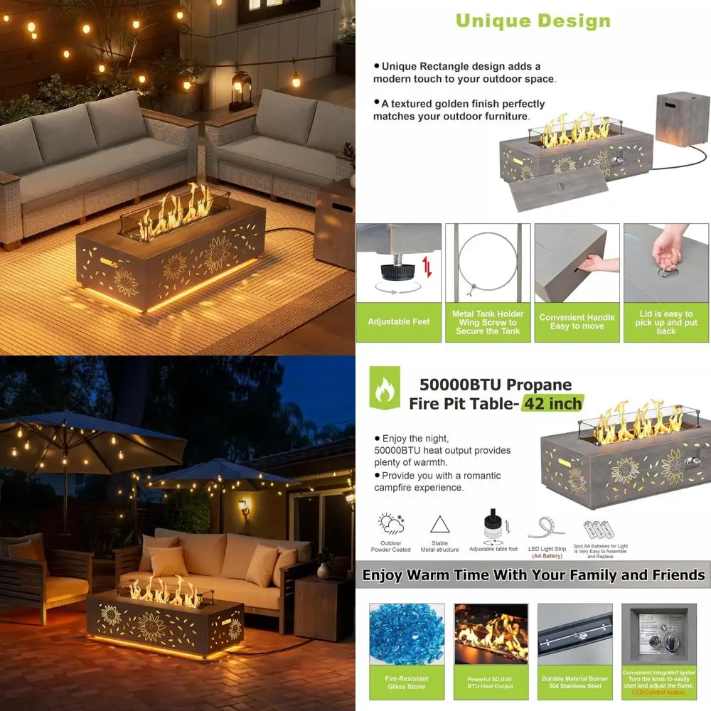 

Outdoor Patio Fire Pit Table with LED Lights, 50,000 BTU, Wind Guard, Lid, Rocks, and Cover - Decorative Design for Enhanced Out