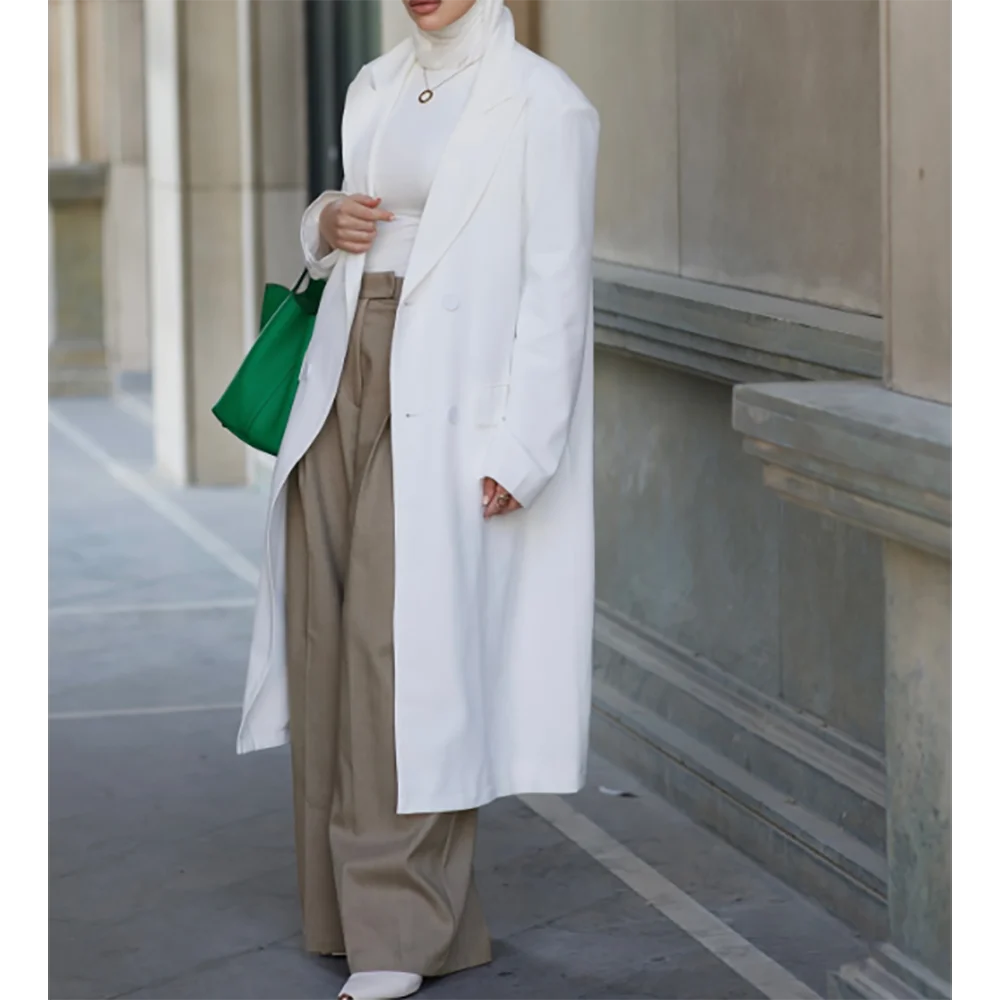 Chaqueta larga blanca pura Simple para mujer, abrigo de doble botonadura diario, vestido Formal de Arabia Saudita