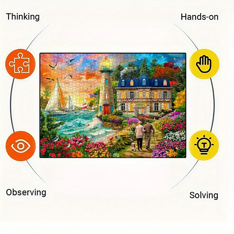 Puzzle de coucher de soleil avec phare côtier et villa, jeu intellectuel romantique pour adultes, jouet décoratif de loisirs à la maison