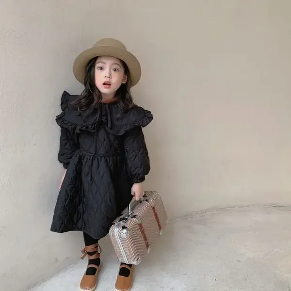 Vestito da ragazza coreana inverno nuovo peluche alla moda addensato grande gonna di cotone con risvolto vestito da principessa per bambina per